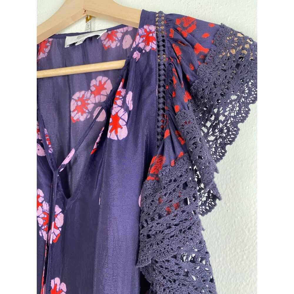 Sea New York Floral Ruffle Sleeve Blouse Navy Red Pom Detail 2 - Picture 10 of 16